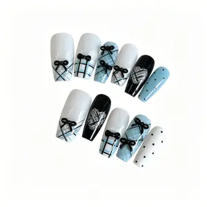 10 Pcs Handmade Nail Art, Nail Design, Sweet Cool School Style, Blue Checkered, 3D Bow Heart Lace Edge, Student Campus Daily Manicure