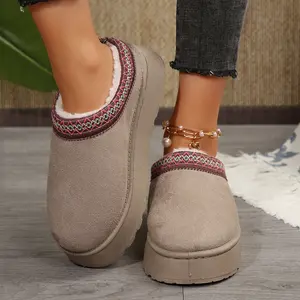 Platform Boots Suede Fuzzy Fleece Slippers for Women with Memory Foam Indoor/Outdoor Shoes Winter Warm Mini Snow Boots