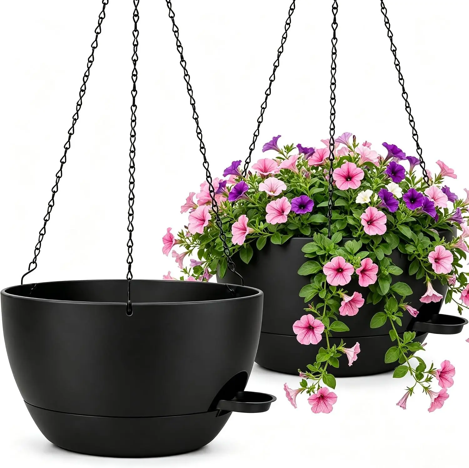 12" Self Watering Hanging Planters with Chains, Black, 2 Pack | 43 Oz removable self-watering reservoir, for indoor/outdoor plants, patio & garden