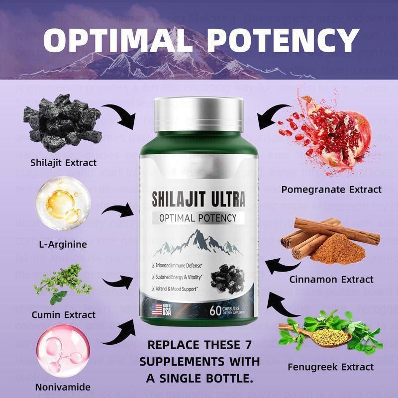 FLYNEW Optimal Potency | Shilajit Ultra | Adaptogen Energy Stamina Immune Antioxidants | Made in USA | 60 Capsules | gym edible dietary muscle repair
