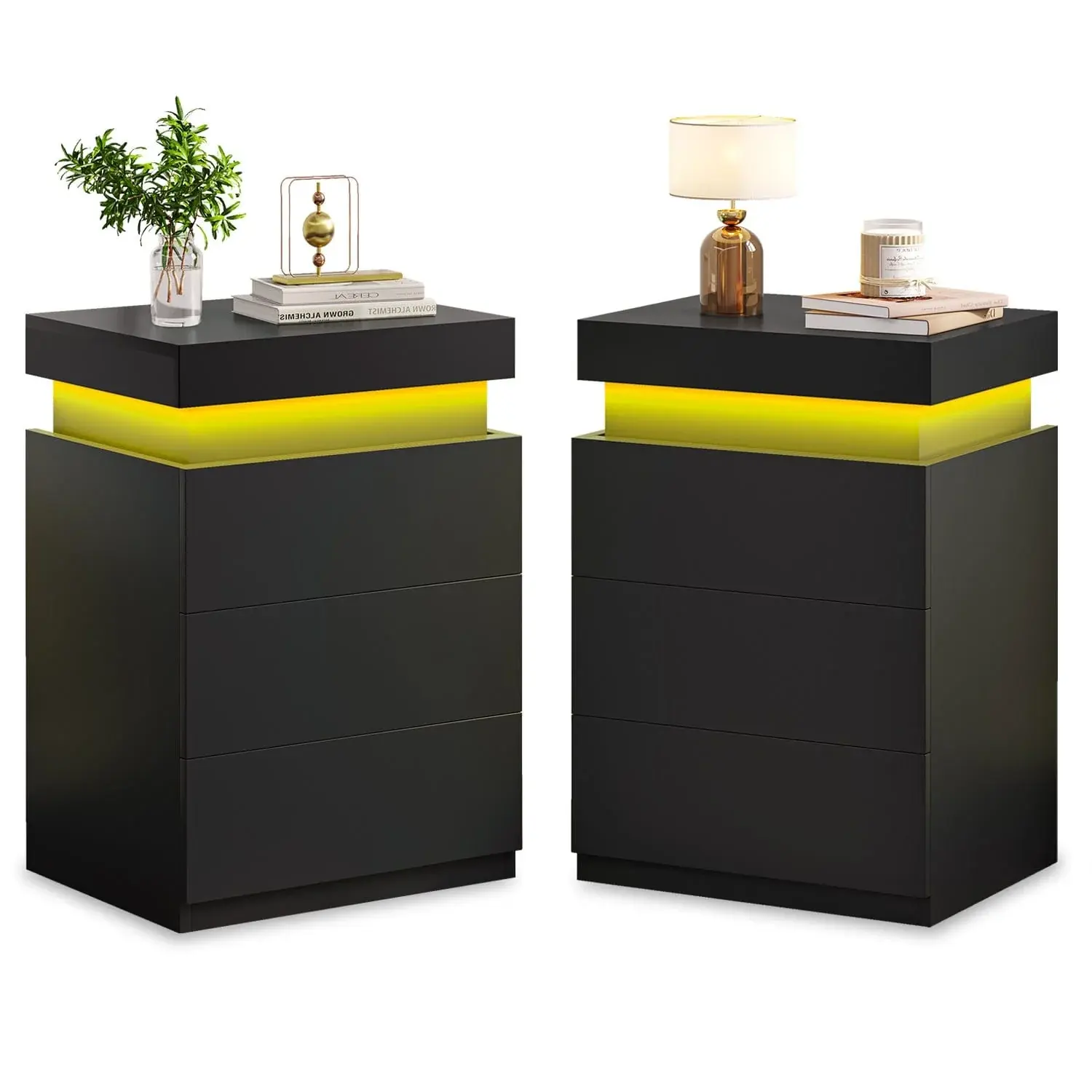 Sikaic LED Night Table Set of 2 with Charging Station, Black Bedside Tables with Drawers for Bedroom Furniture,dorm essentials,home decor