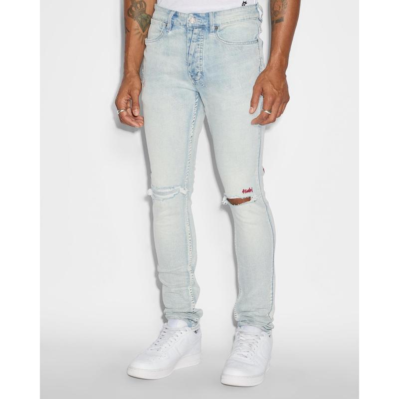 KSUBI VANWINKLE BLUE ICE Menswear Fitted Denim Jeans with Embroidered Logo & Stretch Fabric for All Seasons
