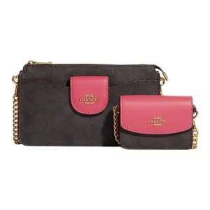Coach Leather and PVC Crossbody Bag for Women with Zip Closure, Dual Card Slots, and Snap Pocket – Brown and Watermelon Red