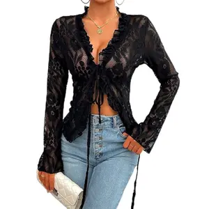 Amiah Top - 95% POLYESTER / 5% SPANDEX SHEER LACE OPEN FRONT CROP BLOUSE - Sheer & Lace fabric - Open front tie - Lace pattern embroidered - Crochet blouse
