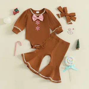 Infant Baby Girl Christmas Outfits Gingerbread Man Long Sleeve Romper with Flare Pants and Headband 3Pcs Costume Set