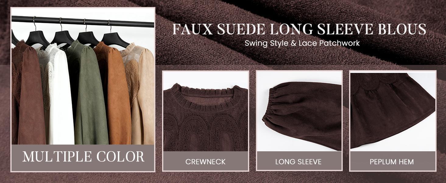 WoodBerry Women's Lace-Detail Suede Flared Blouse Long Puff Sleeve Crew Neck Flared Swing Babydoll Tops Elegant Intricate Mesh Loose Shirts