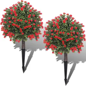 23In Artificial Boxwood Topiary Ball with Lavender,2 Pack UV Resistant Fake Shrubs with Ground Spike for Indoor Garden Yard Porch Patio Decor (Red)
