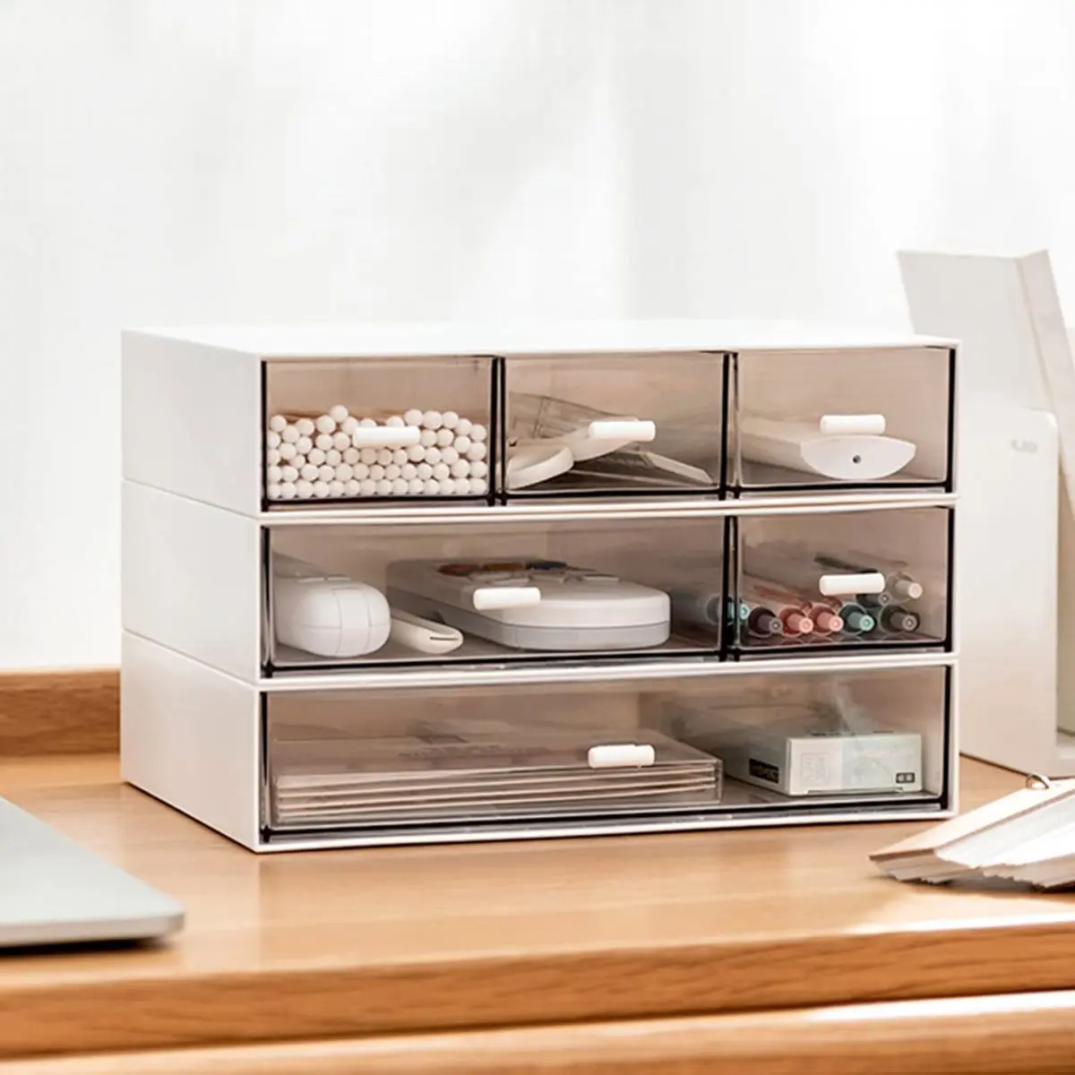 Modern ABS Plastic White Desk Organizer - 3-Tier Stackable Space-Saving Storage Drawers with 1+2+3 Compartments, 9*6.5*2 in Durable Design, Ideal for Office, Nursery Organization