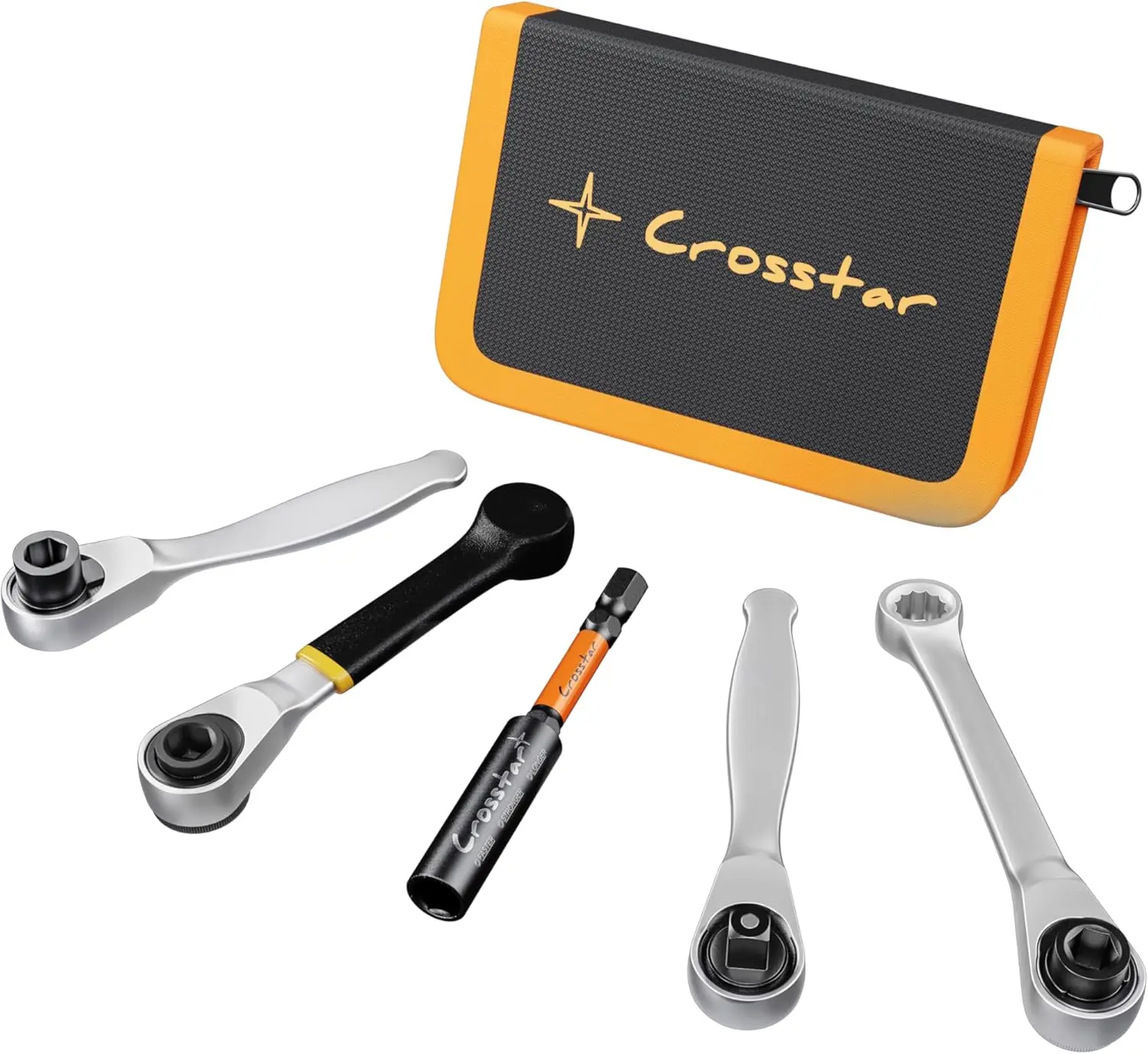 Crosstar 5-Piece Multifunctional Ratchet Socket Wrench Set - 1/4" Drive Socket Wrench Kit with Magnetic Bit Holder, 72-Tooth Reversible Ratchet, Hollow Head, Compact for Tight Spaces, Storage Pouch Included