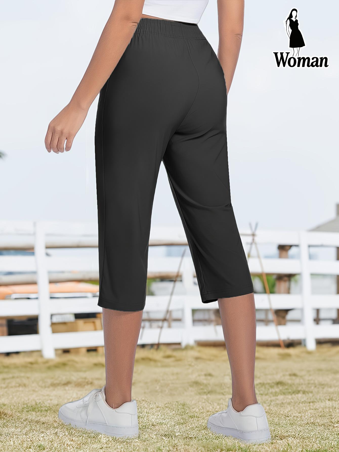 1 piece women’s ice silk breathable high-stretch capri pants with drawstring waist and zippered pockets, comfortable and skin-friendly, suitable for outdoor jogging and gym workouts