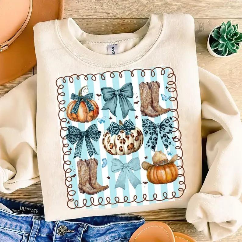 Pumpkins Bows and Cowboy Boots Sweatshirt, Fall Coquette Western Crewneck for Women, Leopard Pumpkin Autumn Top, Cowgirl Gift