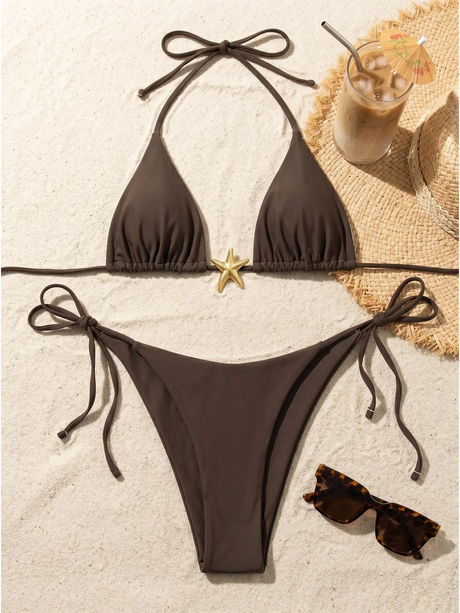 Women's simple halter bikini, classic and simple, high-waist design, bikini top and bottoms, summer bikini, swimsuit, women's swimsuit, low-key bikini, two-piece swimsuit, suitable for beach vacations  swimming，comfortable comfortable self tie  swimw,neck