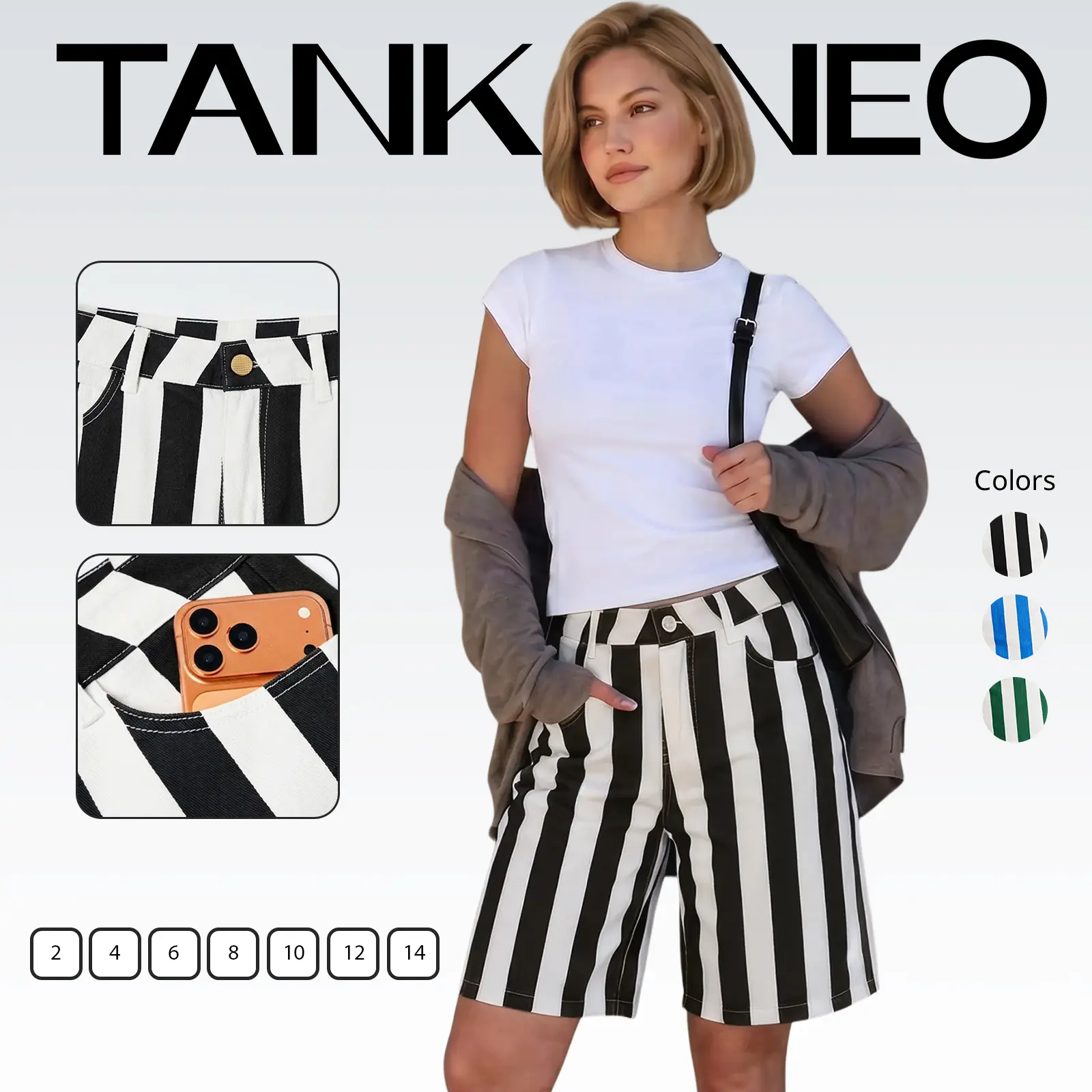 Tankaneo Womens Striped Bermuda Jean Shorts Summer Casual Trendy High Waisted Wide Leg Denim Jorts