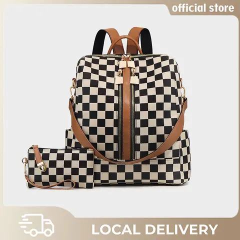 Women's Retro Chic Checkered Backpack Set - Durable Large-Capacity Zipper Travel Rucksack, Multi-Function Wristlet, Sturdy Casual Luggage with Adjustable Shoulder Strap (Bags for Women for Daily Use)