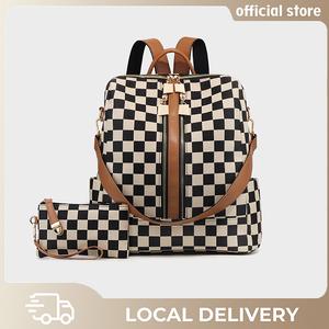 Checkerboard Pattern Backpack Set, Women'S Vintage Trendy Casual Large Capacity Zipper Travel Backpack & Wristlet, Multifunctional Bag Set For Daily Use
