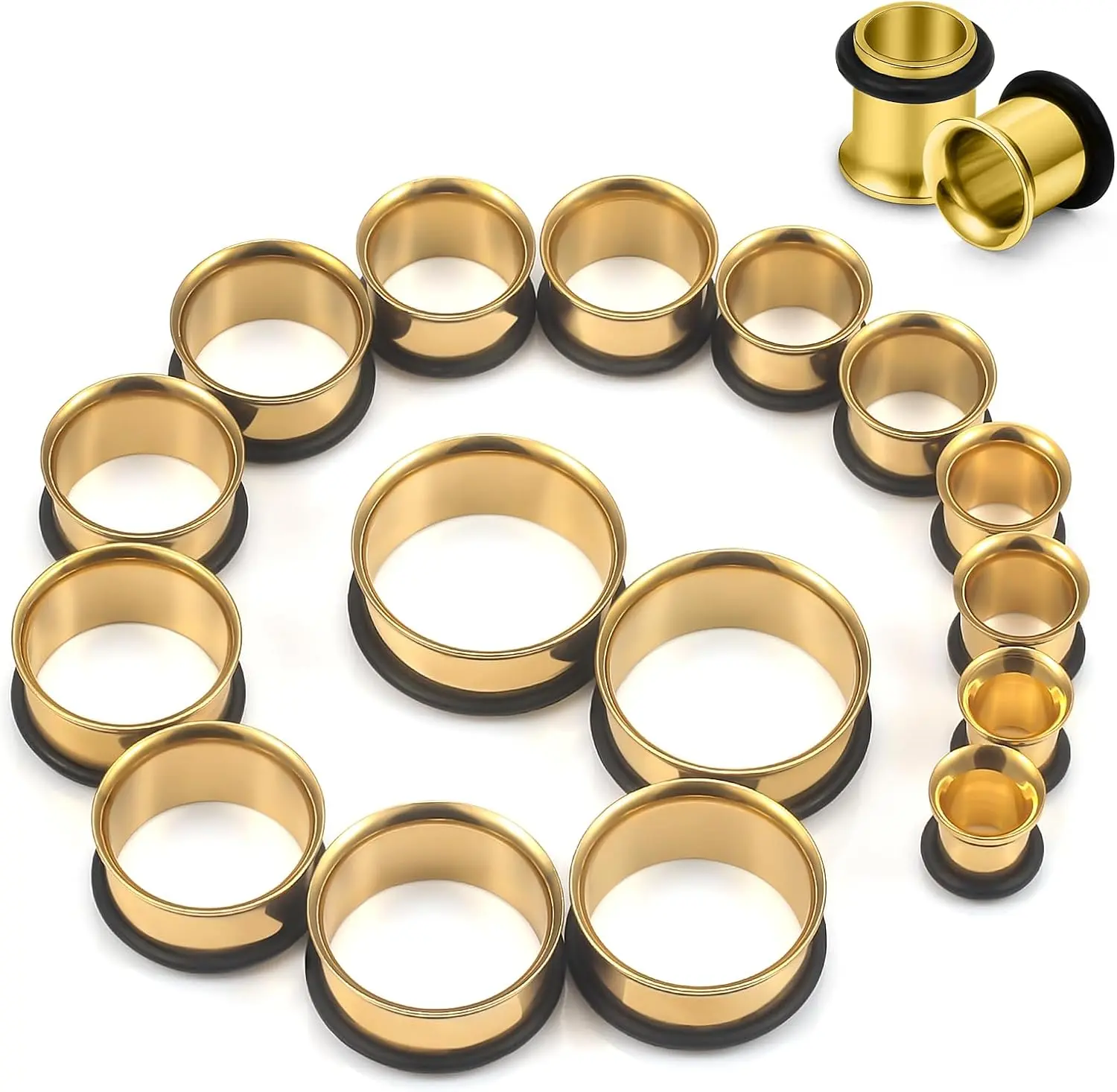 12G-25mm Single Flared Gauges Tunnels Stretching Kit 316L Surgical Steel O-ring Ear Gauges Plugs Earring Lobe flesh Tunnel Gauge Stretcher Silver Black Gold Color Tone