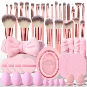 Pink  Makeup Brush Set with Cute Wristbands, Headband-47-Piece Pro Beauty Kit, Sponges, Circular Puffs, Water Drop Finger Puffs, Cleaning Sponge and Brush, Makeup Tools Set Makeup Brushes Set