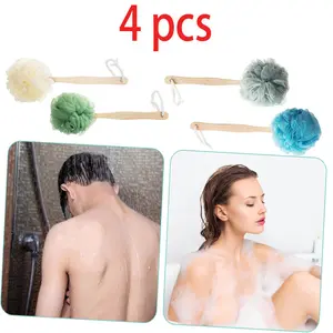4 Pack Large Bath Puff Loofah Sponge with Long Handle Shower Loofah, Bath Body Back Brush, Spa Brush for Women and Men(4 Color)