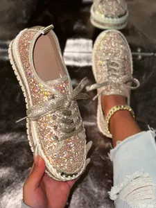 Women's New European Style Rhinestone Sequins Lace-Up Casual Thick Sole Deep-Heeled Shoes, Fashionable Comfortable Daily Wear