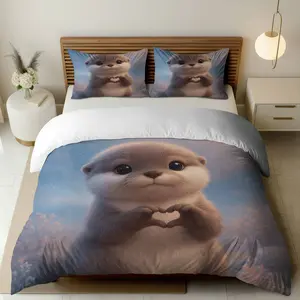 3PCS Duvet Cover Set, 1 Duvet+2 Pillowcases(Without filler), Cute Otter Heart Love  Animal theme, Valentine's Day bedding set, Cozy Fluffy Soft Suitable for decoration Bedroom Living Room Guest Room Dorm
