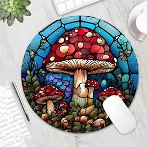Mushroom Colored Glass Design Round Gaming Mouse Pad, Aesthetic Desktop Decorative Protective Pad, Rubber Anti-slip Lockedge Work Pad, Small Size Suitable for Laptop, Desktop Computer Games, Work, Family