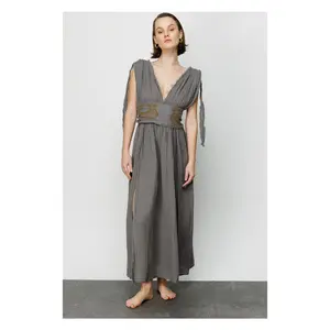 Shahmaran Women's Dress with Slit, Drawstring Waist, and Embroidered Design in Blue for Casual Wear