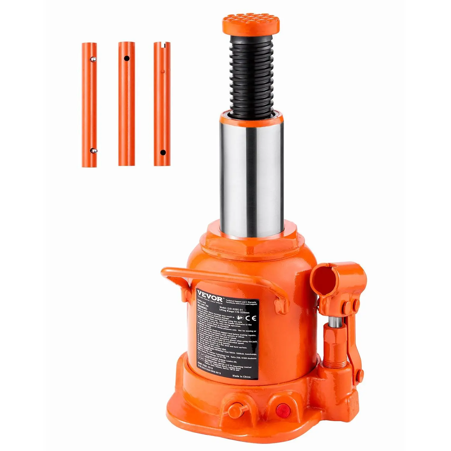 【Summerfinds】VEVOR Hydraulic Bottle Jack, 20 Ton/44092 lbs Welded Bottle Jack with 6.69''-12.6'' Lifting Range & 3-Section Long Handle, for Car, Pickup, Truck, RV, Auto Repair, Industrial Engineering Adjustable Vehicle