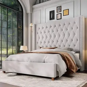 Queen/King/California King Size Platform Bed Frame With 61.4" Tall Upholstered Wingback Headboard, Solid Wood Legs, Handcrafted Pleats And Deep Button Tufted Design, No Box Spring Needed, Cream Floor Guardrail