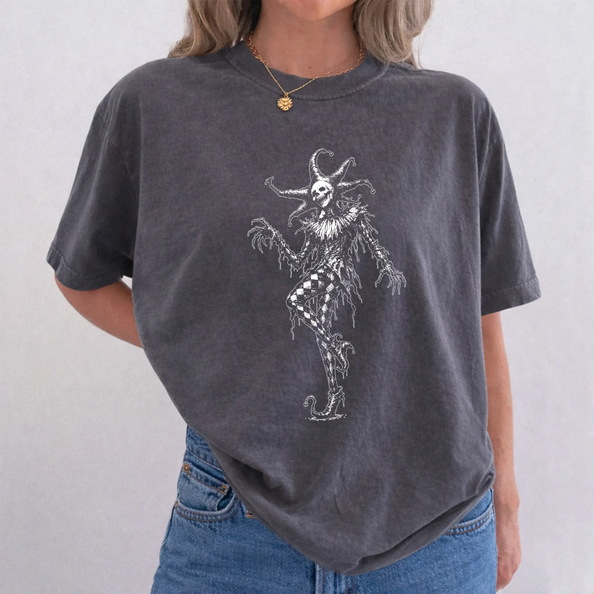 ChicCotton Gothic Jester Shirt, Creepy Skeleton Clown Heavyweight Cotton T-shirt, Dark Fantasy Halloween Graphic Tee, Alternative Goth Clothing