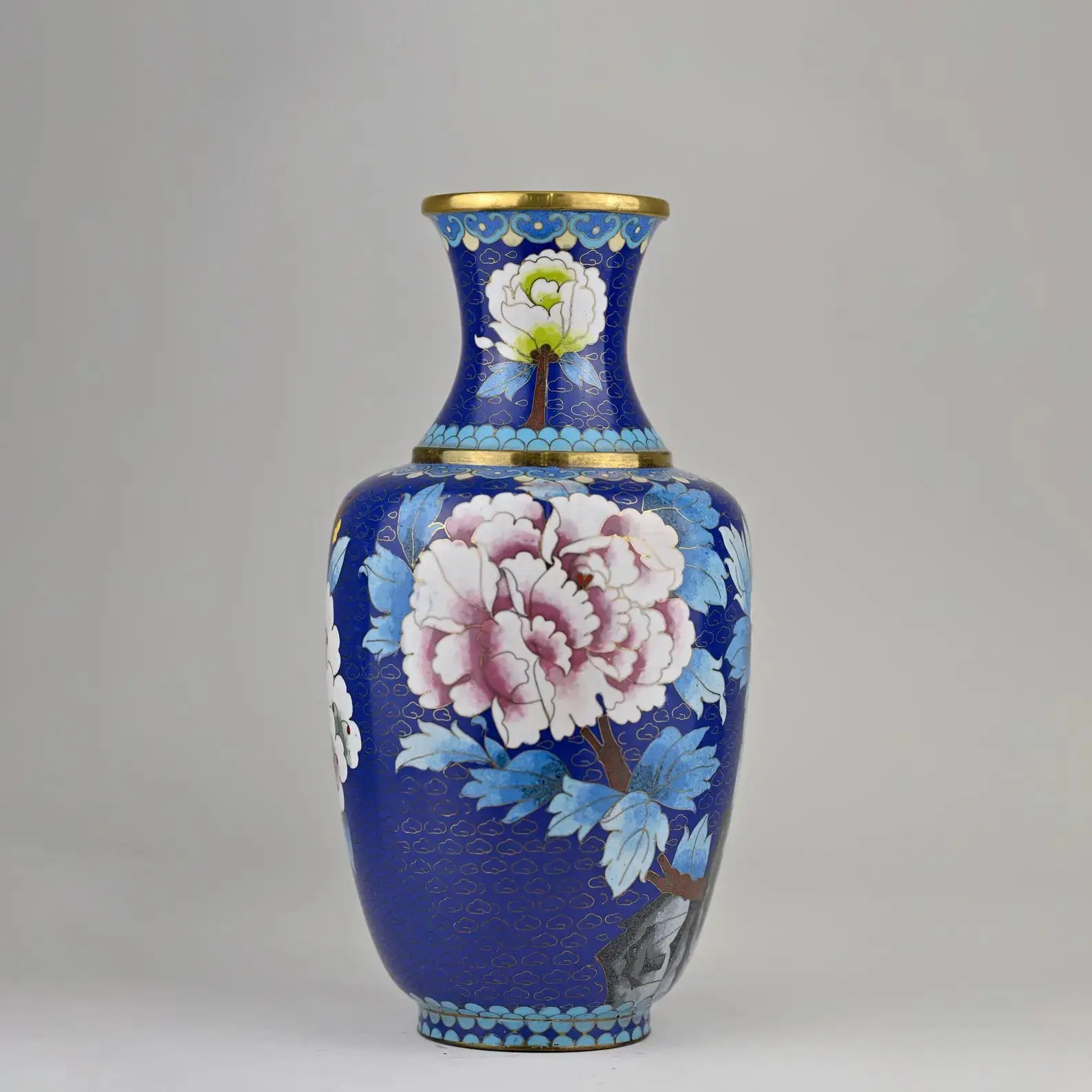Vintage Cloisonné Vase 1980s | Handmade Cobalt Blue Floral Enamel Vase | Chinese Baluster Vase | Collectible Cloisonné Home Decor 6x6x12