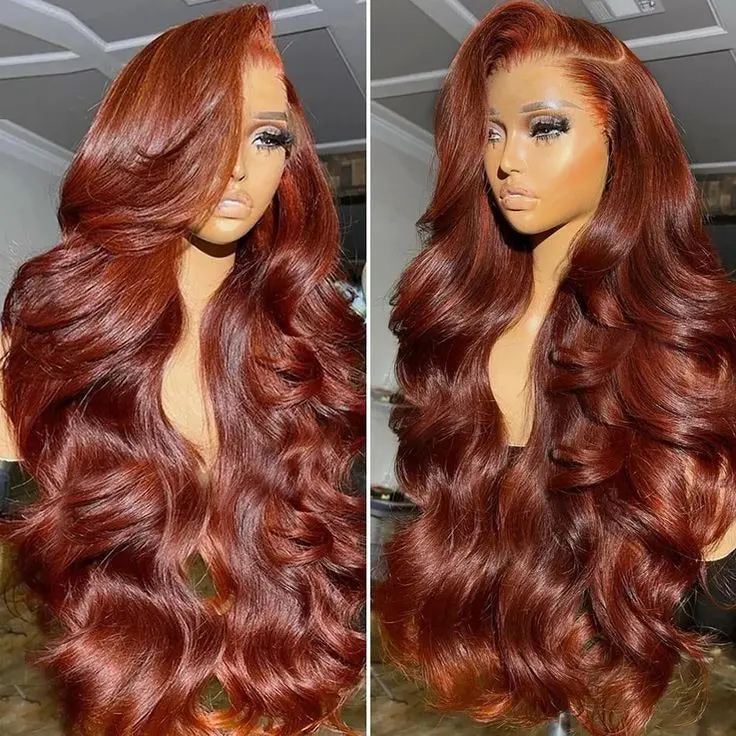 MYLOCKME Human Hair Wigs, #33 Reddish Brown Body Wave 13x6 HD Lace Front, 180% Density Glueless Wig for Women, Pre-Plucked with Baby Hairs, Adjustable, Brazilian Virgin Wigs