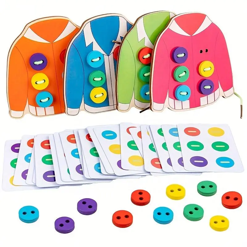 1 Set Colorful Wooden Button Threading Board Game for Youngsters - Educational Sewing & Life Skills Toy with Vibrant Clothespins, Cards, and Buttons - Enhances Fine Motor Skills & Hand-Eye Coordination - Ideal Gift for Girls, Buttons for Crafts Ramadan Mu