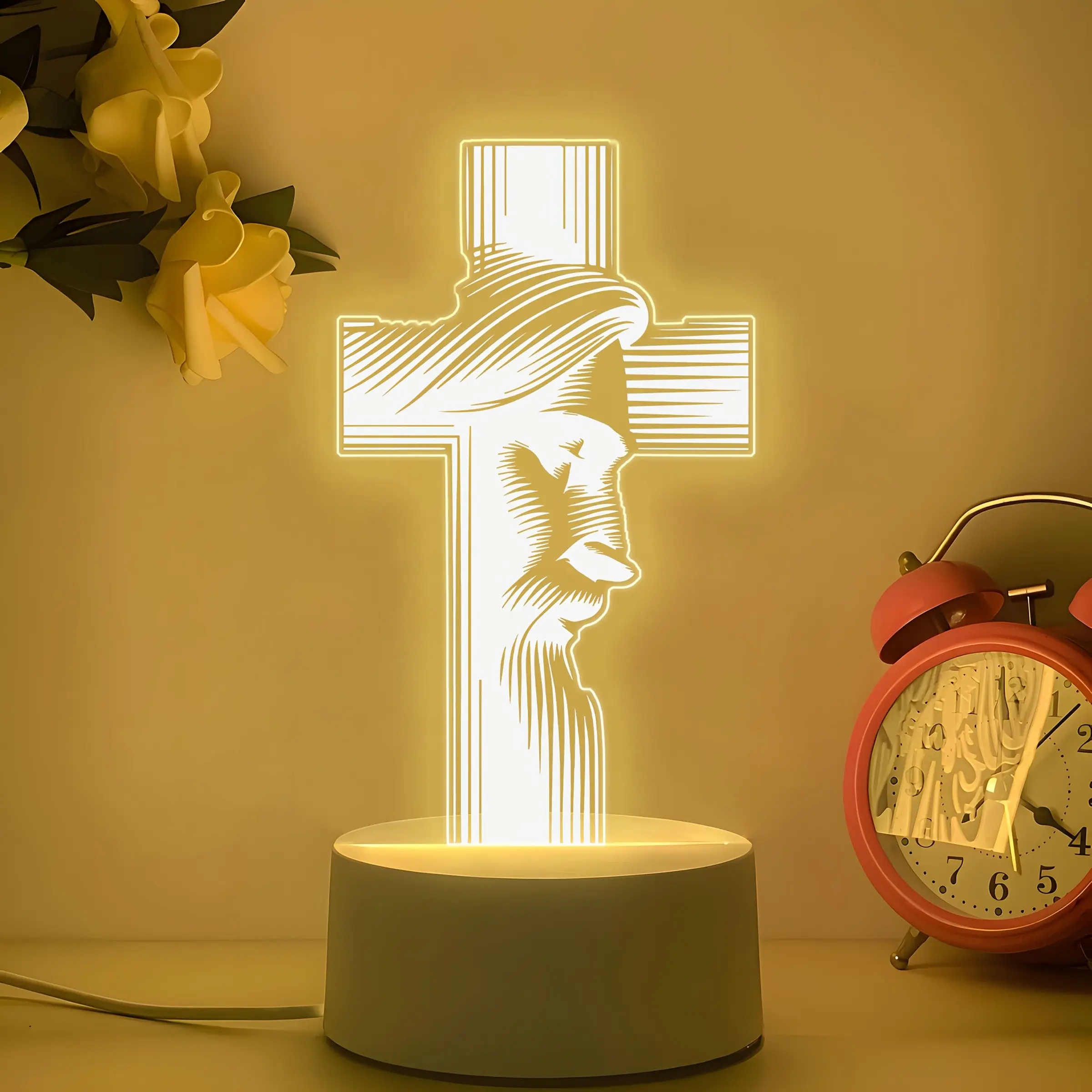 Acrylic Decorative Night Light, Ambient Night Lights, Jesus Cross LED Warm Color Lamp, USB Powered Energy Saving Desk Lamp, Ideal for Bedroom Decoration