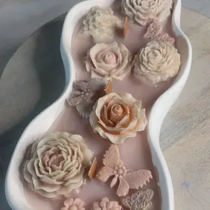 Large Handmade Natural Coconut and Soy Wax Rose and Peony Flower Bed Candle with Unique Handmade Bowl - Decor, Ornaments Decoration Freshener