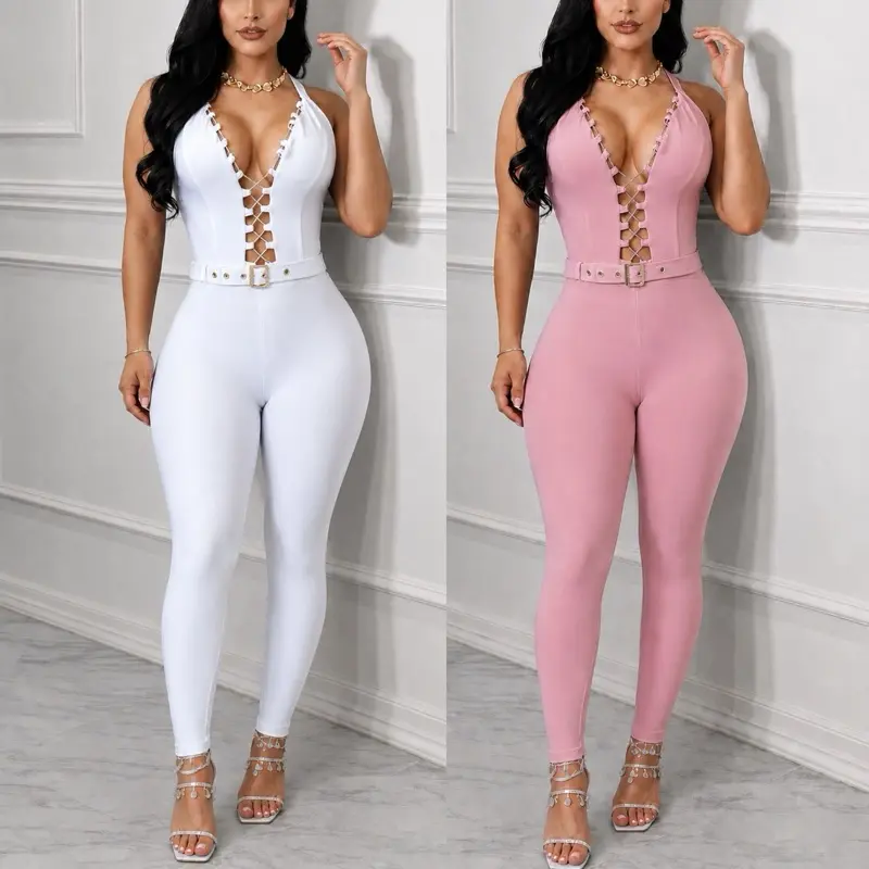 Women's Elegant Fitted Evening Party Jumpsuit - Lacy Lace-Up 1-Piece, Comfortable Sculpting Stretch Fabric, Matching Belt, Size S