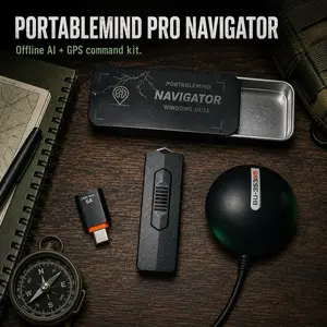 PortableMind PRO Navigator Offline AI + GPS Command Kit 128GB for Windows 10/11 with USB GPS Puck & USB-C Adapter