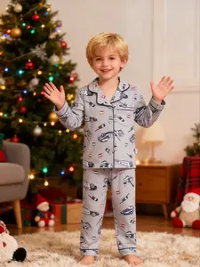 Boys' 2-Piece Pajama Set, Full-Print Car Design, Soft Long-Sleeve Button-Front Shirt & Pants, Cute Fitted Sleepwear for Spring & Fall, Cartoon Print Pajama