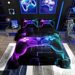 Feelyou Microfiber Bedding Set - Neon Glowing Blue-Purple, Square Geometric Grid, Gamepad Themed Comforter Set with Duvet Insert for Bedroom Decor