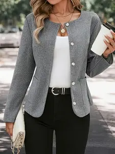 Women's Fall Winter New Fashion Casual Slim Fit Long Sleeve Pure Color Dual Pocket Button Blazer Jacket, Commuter Outdoor Professional Outerwear