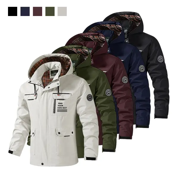 Men’s Hooded Outdoor Hardshell Jacket – Plaid lining, multi-pocket windproof jacket, available in multiple colors, suitable for mountaineering, hiking, outdoor activities, daily commuting, and casual wear.
