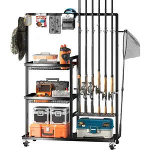 Fishing Rod Holders for Garage, Fishing Pole Rack-360  Rotating, Floor Stand Fishing Rod Storage Holds Up to 12 Rods, Space-Saving Pole Organizer with  Hook & Basket Design