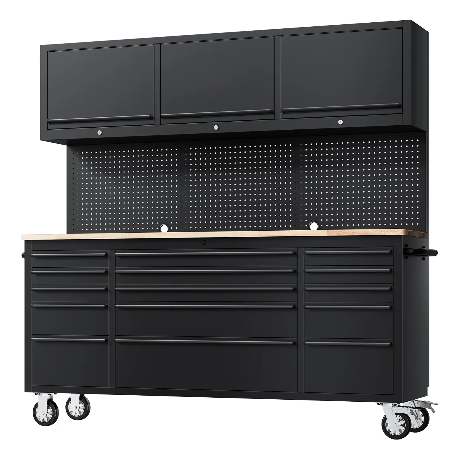 Garvee Upgraded-72-Inch Rolling Tool Chest, Heavy-Duty Steel Structure, 15 Drawers, 3 Top Cabinets, Pegboard, Key Lock, Anti-Slip Liners, Mobile Storage Workbench, for Garage, Workshop