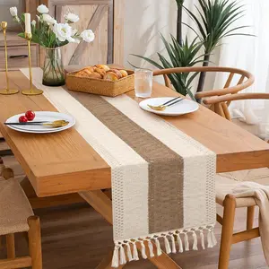 Natural Burlap Boho Table Runner for Home Decor with Tassels Modern Farmhouse Table Decor Rustic Macrame Burlap Table Decoration for Living Room
