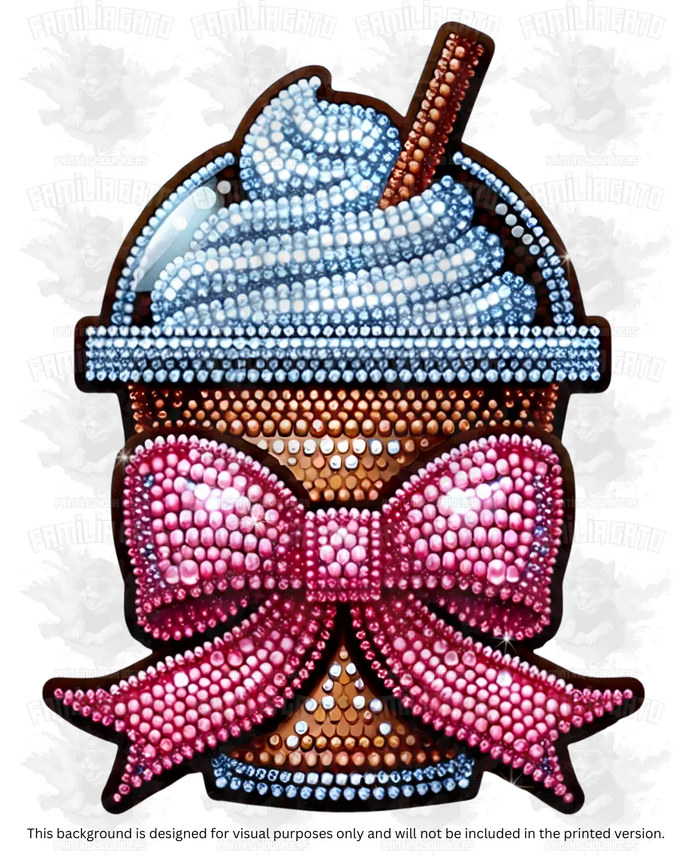 Valentine's Day Rhinestone Coffee DTF Transfer with Pink Bow, Custom DIY Specialty Craft Supply, Hot Peel for All Fabric Types, 100% Polyester Compatible, Durable, Scratch-Resistant, Stretchable, Medium-Firm Pressure at 280°F, Firm Pressure at 320°F