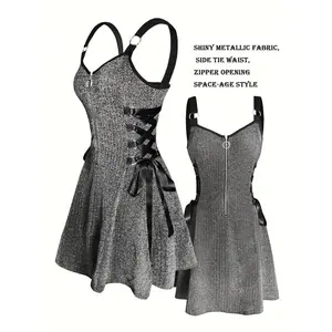 【UrbanFit Women】Y2K Metallic Thread Material, Tech-Style Fashionable Women'S Tie-Waist Dress, Zipper Opening Collar, Slim And Cute Dress