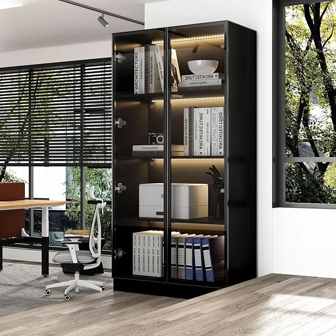 FUFU&GAGA Display Case Cabinet with Glass Doors and Lights, Glass Display Cabinet with 4-Tier Storage Shelves, Pop-up Design, for Collectibles