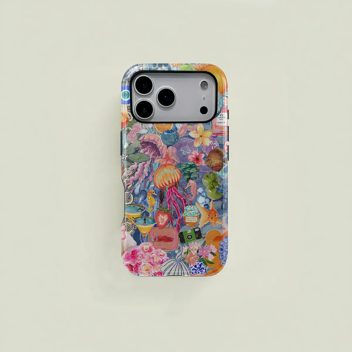 Blue retro-style colorful floral and marine life patchwork protective case, sturdy and durable 2-in-1 case, compatible with iPhone 17/16/15/14/13/12/11 Pro Max/Plus/Pro, Samsung Galaxy S25/S24/S23 Ultra series, simple and stylish phone case.