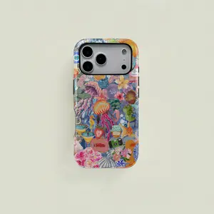 Blue retro-style colorful floral and marine life patchwork protective case, sturdy and durable 2-in-1 case, compatible with iPhone 17/16/15/14/13/12/11 Pro Max/Plus/Pro, Samsung Galaxy S25/S24/S23 Ultra series, simple and stylish phone case.