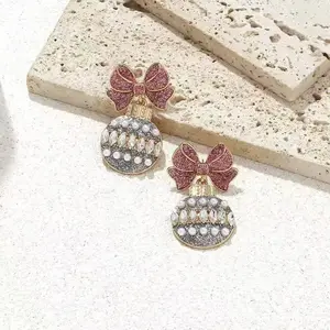 Cherrybetty Shining Christmas Disco Ball Earrings with Pink Bow Design and Diamond-Style Accents