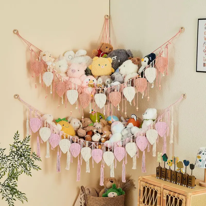 Plush Animal Toy Storage Hammock - Large Tassel Doll Corner Plush Animal Organizer Decoration - Cute Hanging Plush Net for Children's Nursery Bedroom Room Decoration